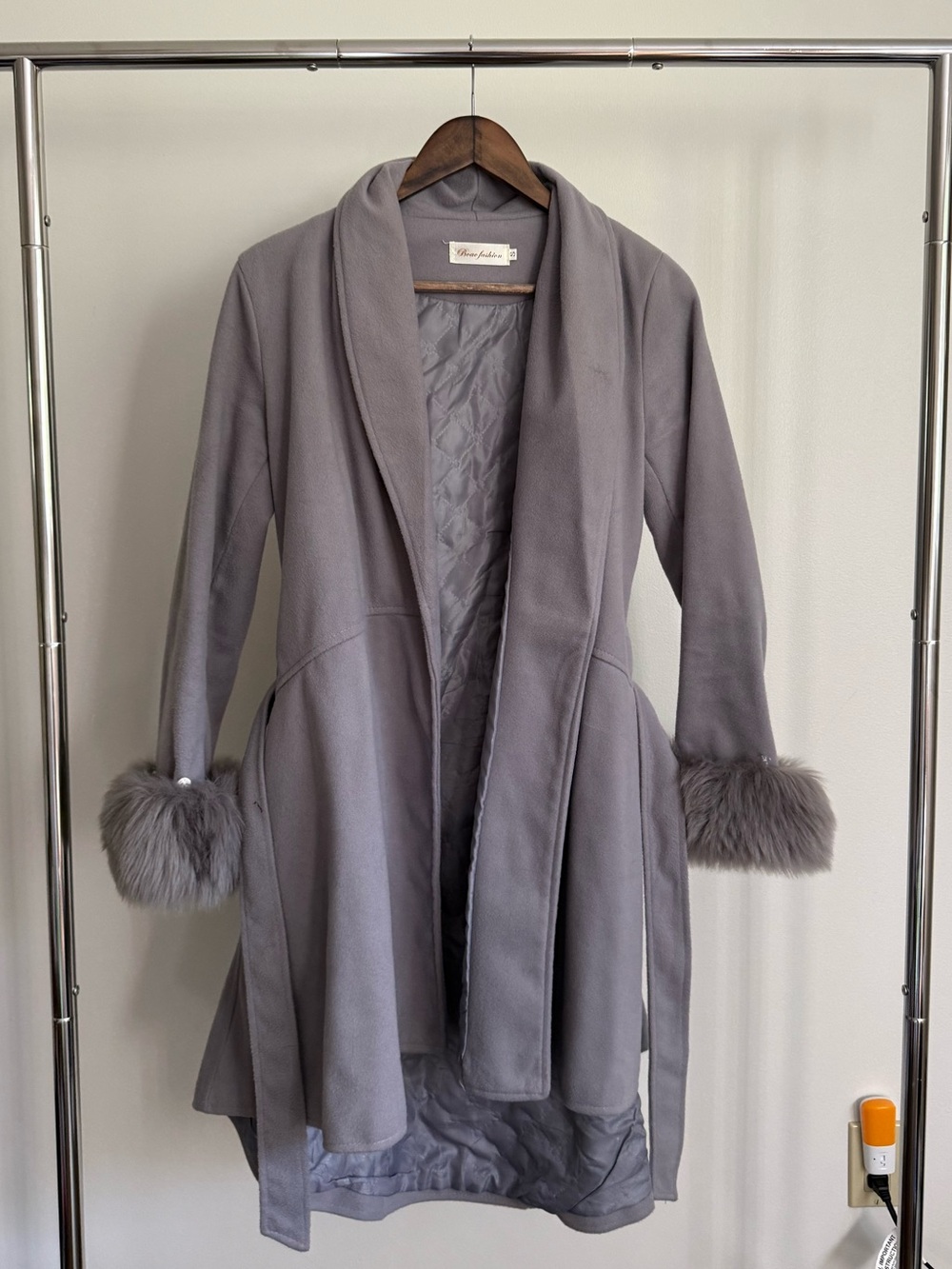 Vince Satin-Lined Grey Faux-Fur Cuff Trench Coat